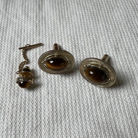 Other - Vintage Tiger's Eye Cuff Links with Tie Tack